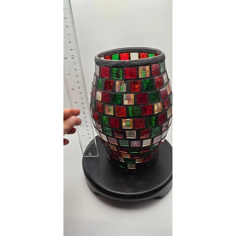 Mosaic Glass Hurricane Vase Candle Holder Red Green Amber Checkered Wood Base